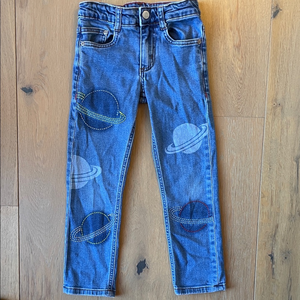 Planet themed blue jeans, Mini Boden, size 6Y